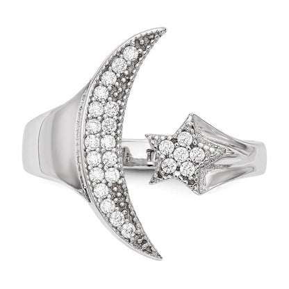 Sterling Silver Rhodium-plated Cubic Zirconia Moon w/Star Polished Ring Size 6