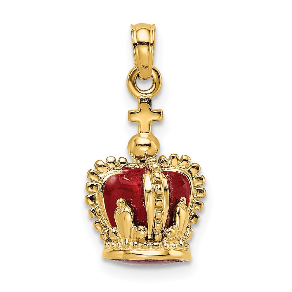 14k Yellow Gold 3-D  Red Enamel Inside Crown  Cross On top Charm Pendant