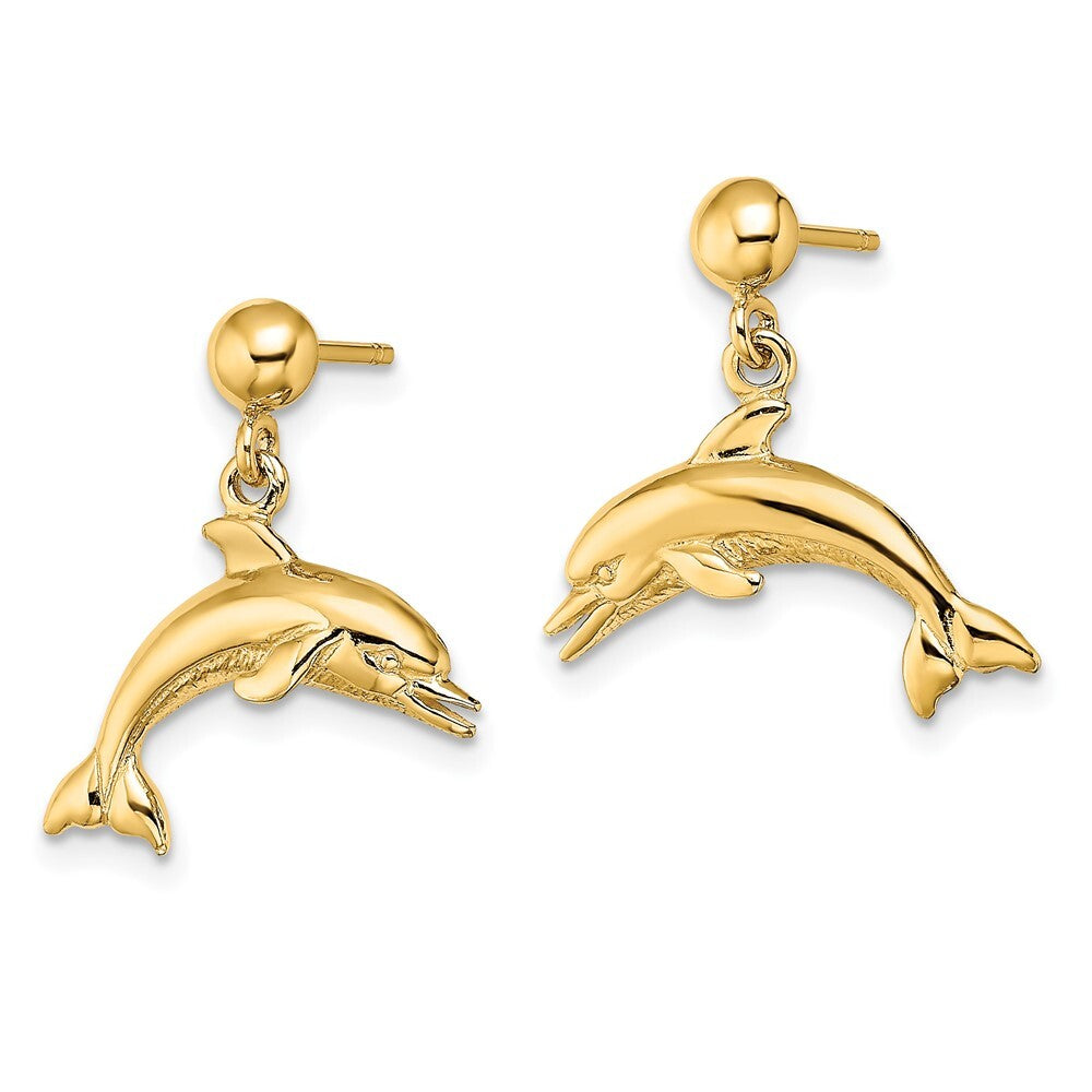 14k Yellow Gold Jumping Dolphin Dangle Earrings Gift for Women