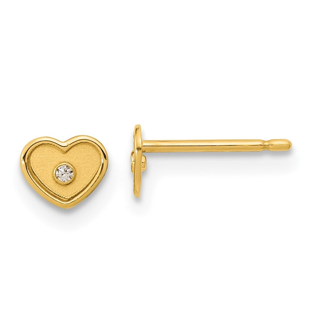 14k Yellow Gold Polished & Brushed Cubic Zirconia Heart Stud Earrings