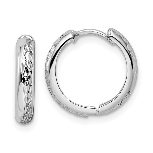 14k White Gold Polished Textured 3x15mm Hinged Hoop Earrings Gift for Women