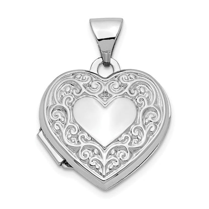 14k White Gold Scroll Pattern Heart Locket Pendant for Women