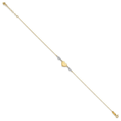 14K Two-tone Diamond-cut and MOM Puffed Heart 11" Anklet