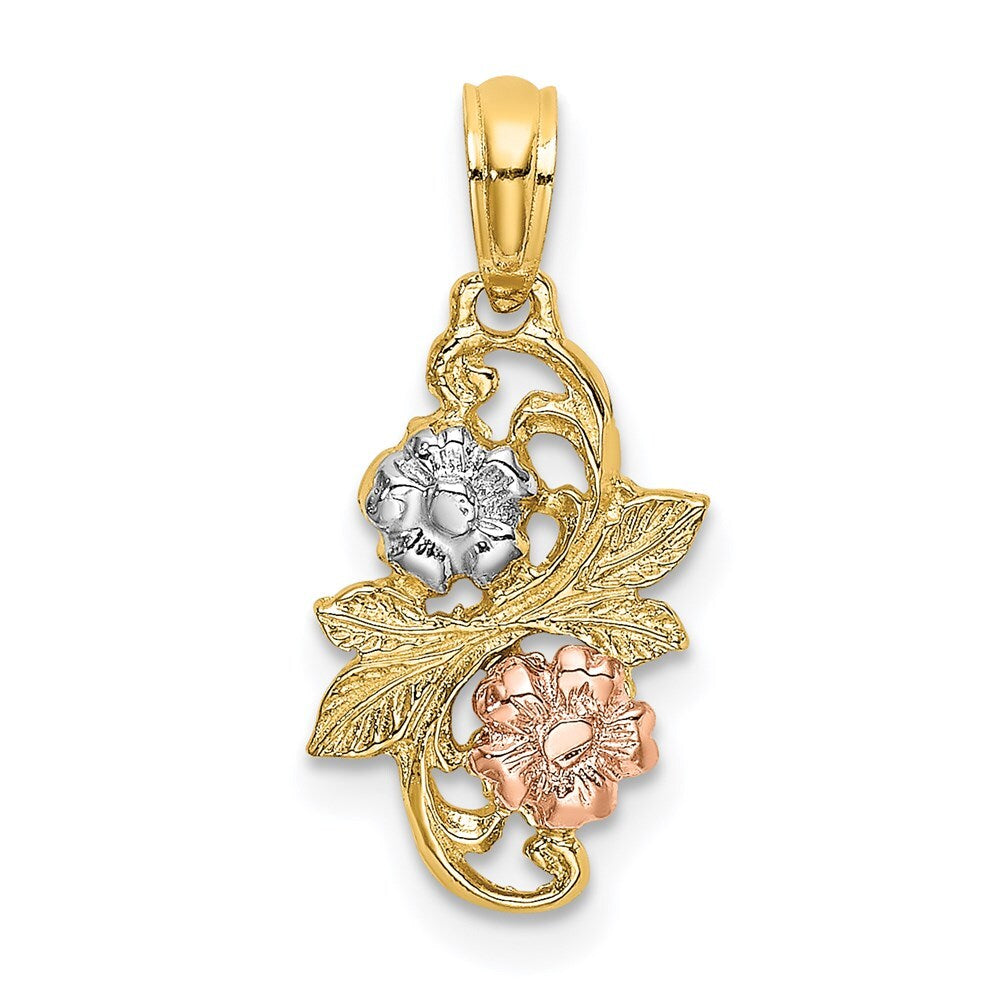 14k Two-tone Gold with White Rhodium Flowers Charm Pendant for Women