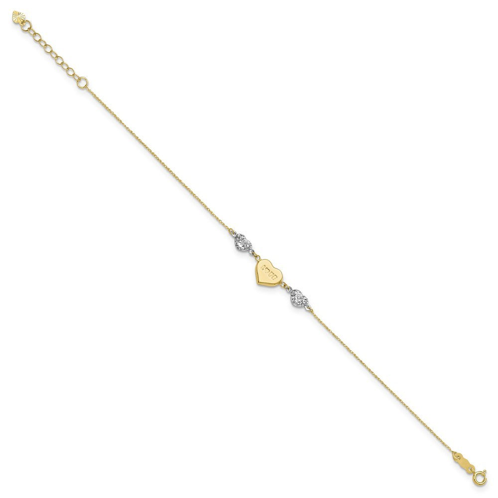 14K Two-tone Puffed LOVE Heart & Diamond-cut Bead 7" Bracelet Plus 1" Heart Ext
