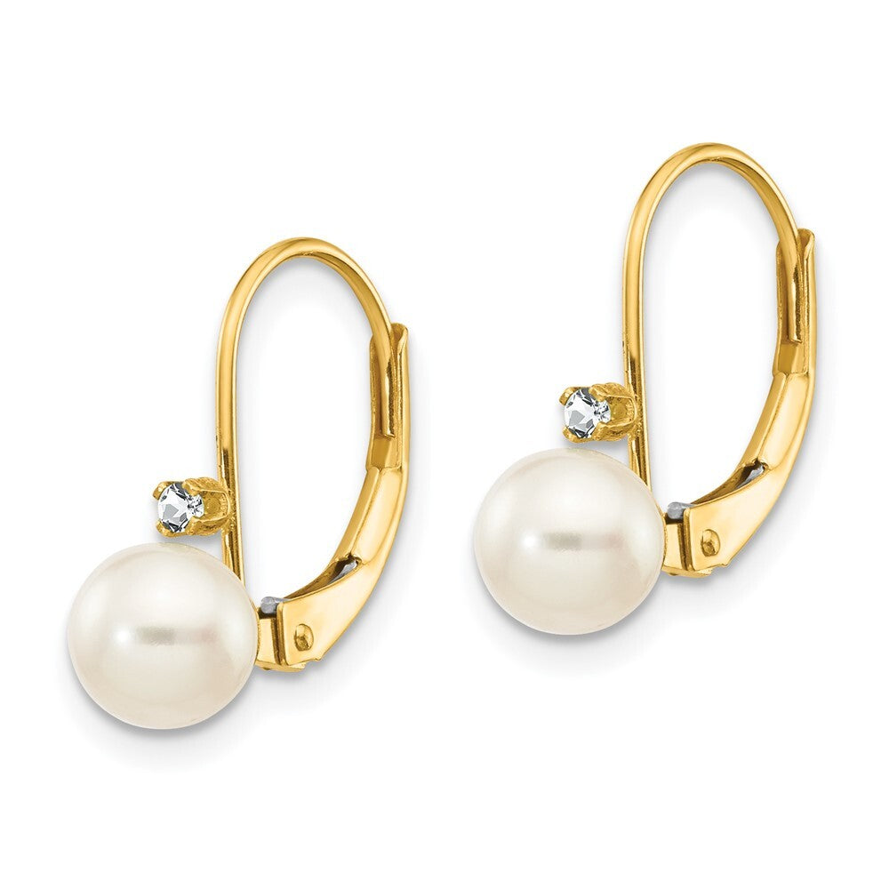 14k Yellow Gold 5-6mm FW Cultured Pearl AA Diamond Leverback Earrings