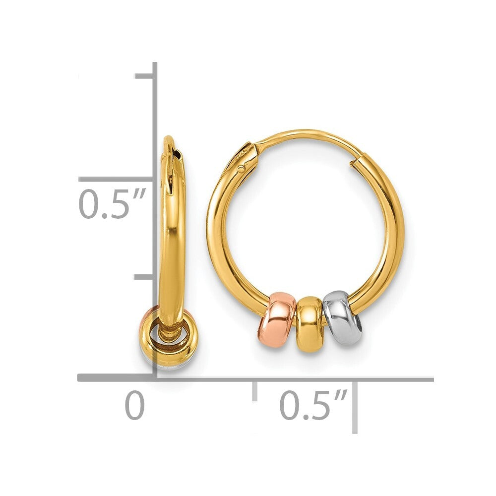 14k Yellow Gold with Rose-tone and Rhodium Polished 3-Bead Endless Hoop Earrings