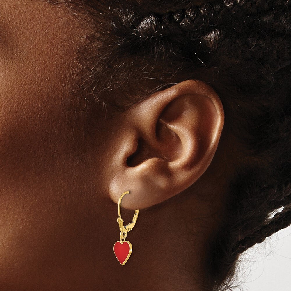 14k Yellow Gold Polished Enameled Heart Dangle Leverback Earrings