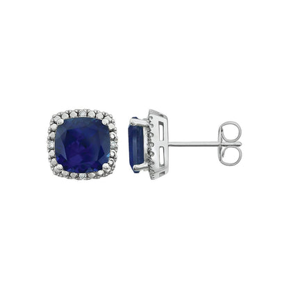 14k White Gold Lab-Grown Blue Sapphire and .06 CTW Diamond Stud Earrings