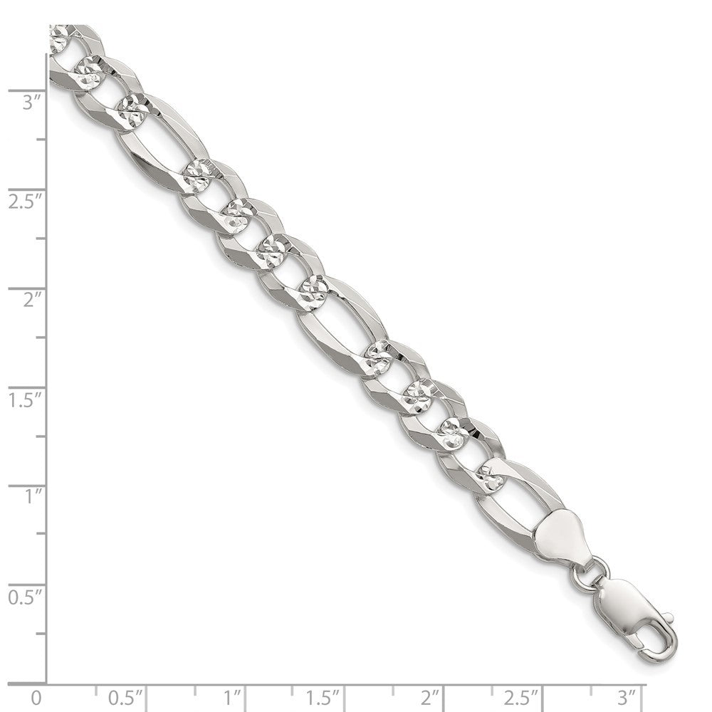 Sterling Silver 8.5mm Flat Diamond-Cut Pave Figaro Chain Bracelet