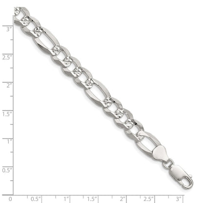Sterling Silver 8.5mm Flat Diamond-Cut Pave Figaro Chain Bracelet
