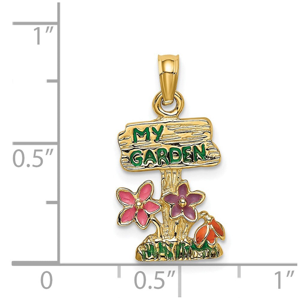 14k Yellow Gold Multi Enamel MY GARDEN Post Flower Charm Pendant for Women