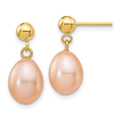 14k Yellow Gold 7-8mm Pink Rice Freshwater Cultured Pearl Post Dangle Earrings