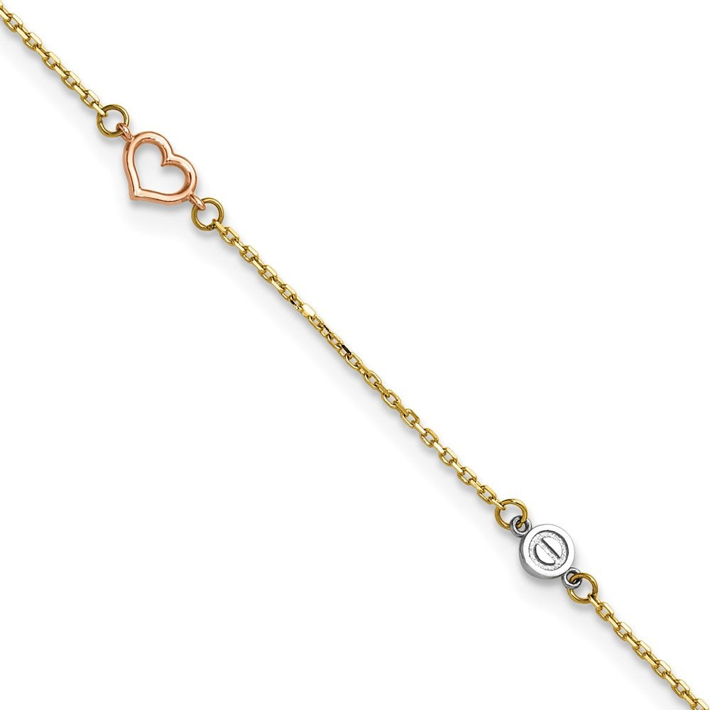 14k Tri-color Polished Hearts and Circles 10" Anklet