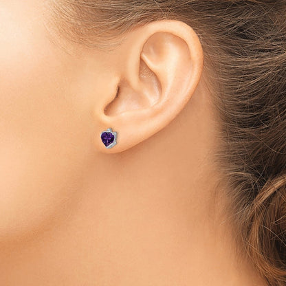 14k White Gold Amethyst and Diamond Heart Stud Earrings