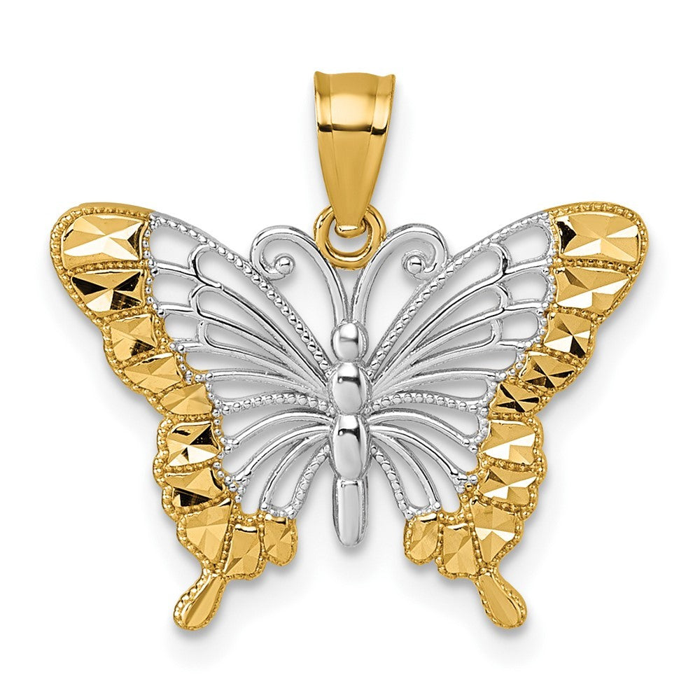 14k Yellow Gold and Rhodium Diamond-cut Polished Cut-out Butterfly Pendant