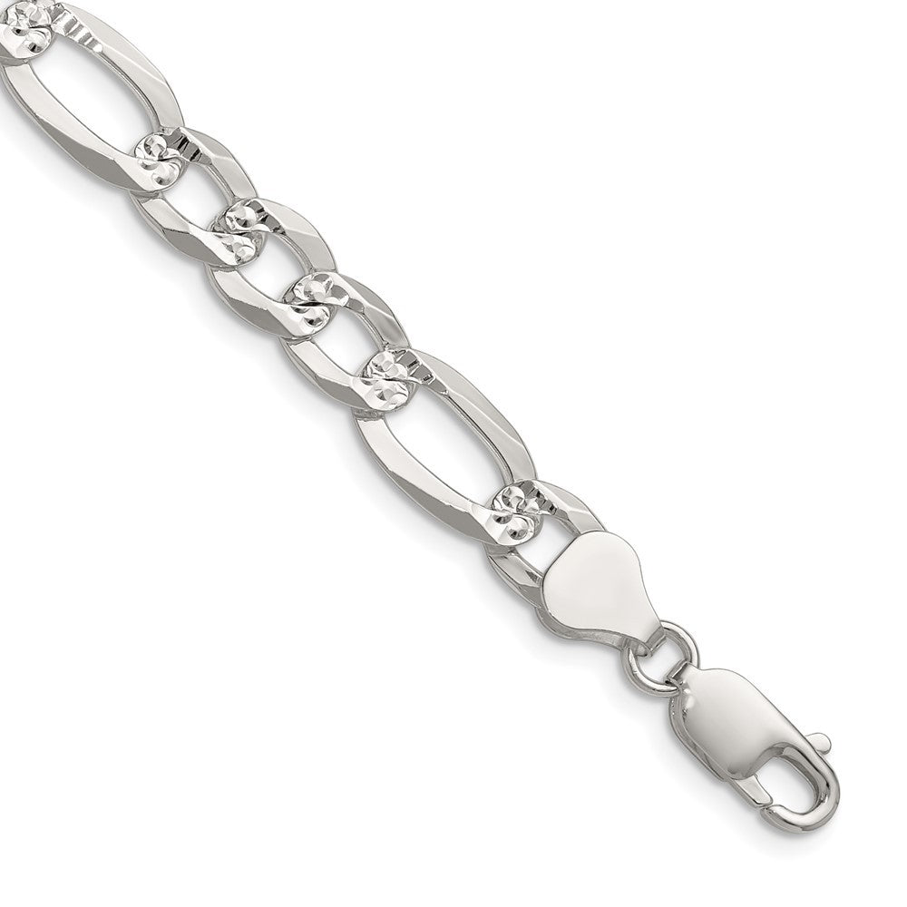 Sterling Silver 8.0mm Flat Diamond-Cut Pave Figaro Chain Necklace