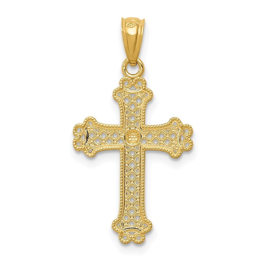 14k Yellow Gold w Rhodium Diamond-cut Filigree Cross Pendant