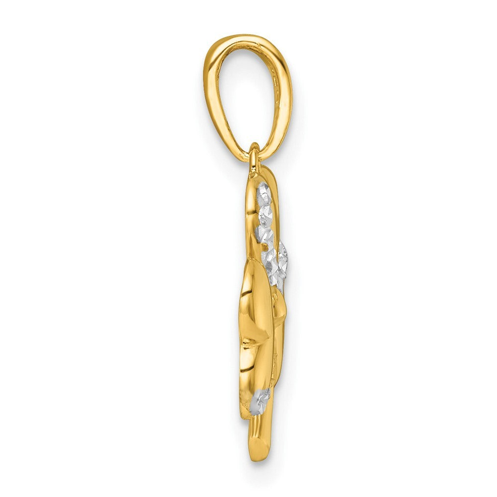 14k Yellow Gold with White Rhodium Polished 3 Leaf Clover Charm Pendant