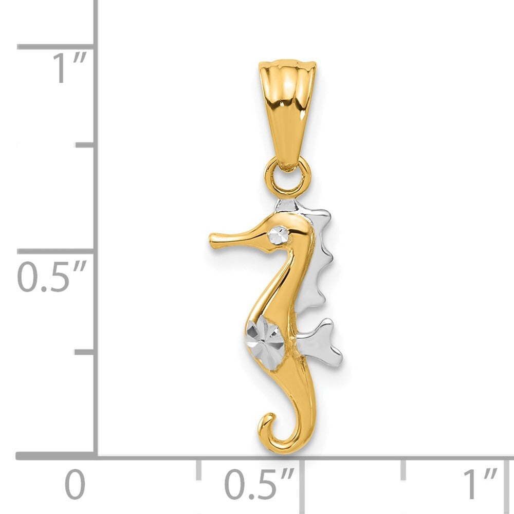 14k Yellow Gold with White Rhodium Polished and Diamond Cut Seahorse Pendant