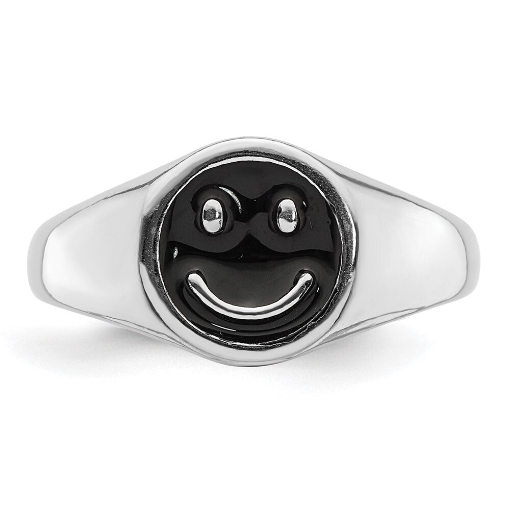 Sterling Silver Rhodium-plated Black Enamel Smiley Face Ring Size 8