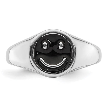 Sterling Silver Rhodium-plated Black Enamel Smiley Face Ring Size 8