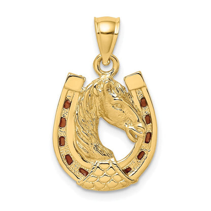 14k Yellow Gold Horse Head In Horseshoe  Enameled Charm Pendant for Women