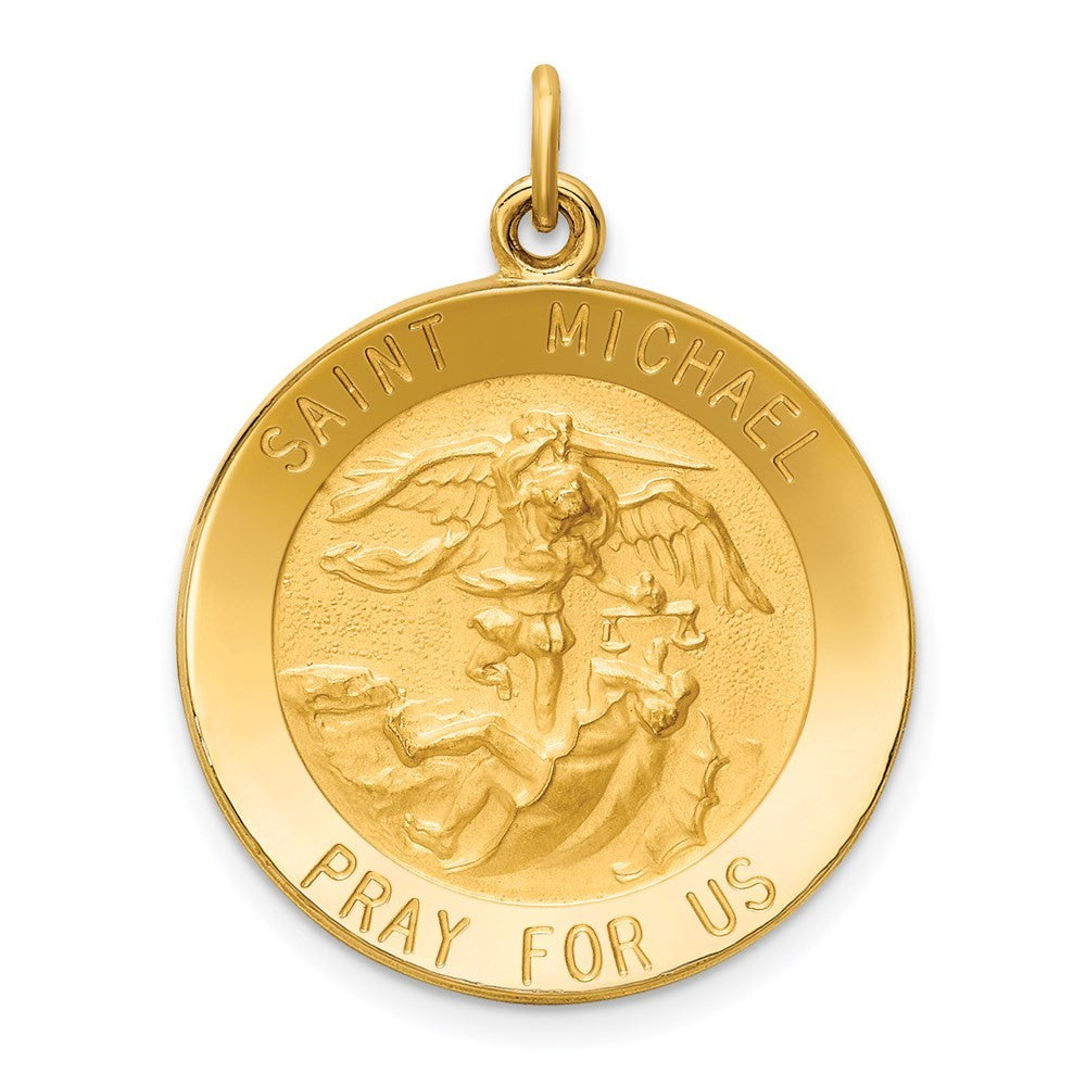 14k Yellow Gold Solid Polished Satin Medium Round St. Michael Medal