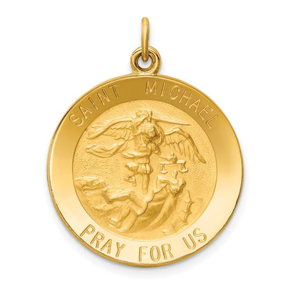 14k Yellow Gold Solid Polished Satin Medium Round St. Michael Medal