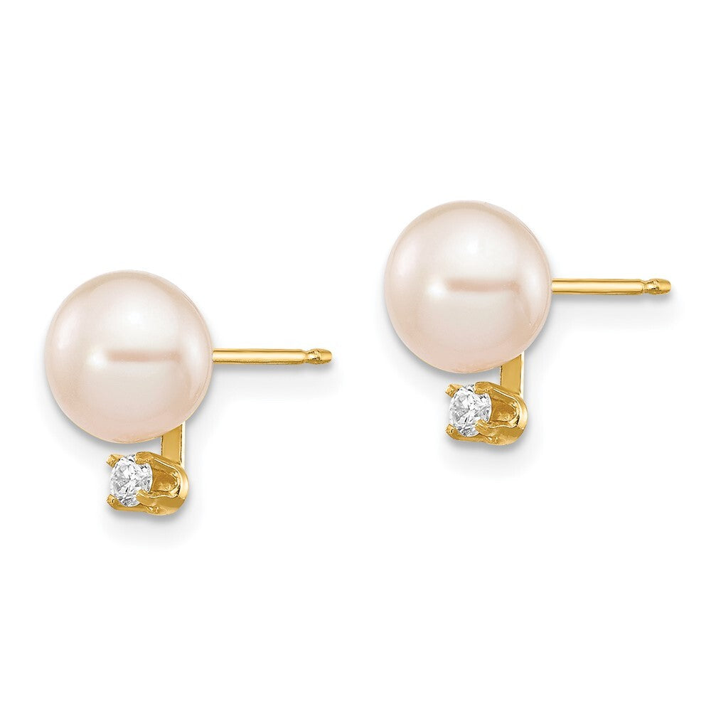 14k Yellow Gold 6-7mm Cultured Pearl & .06 Carat Diamond Stud Earrings for Women