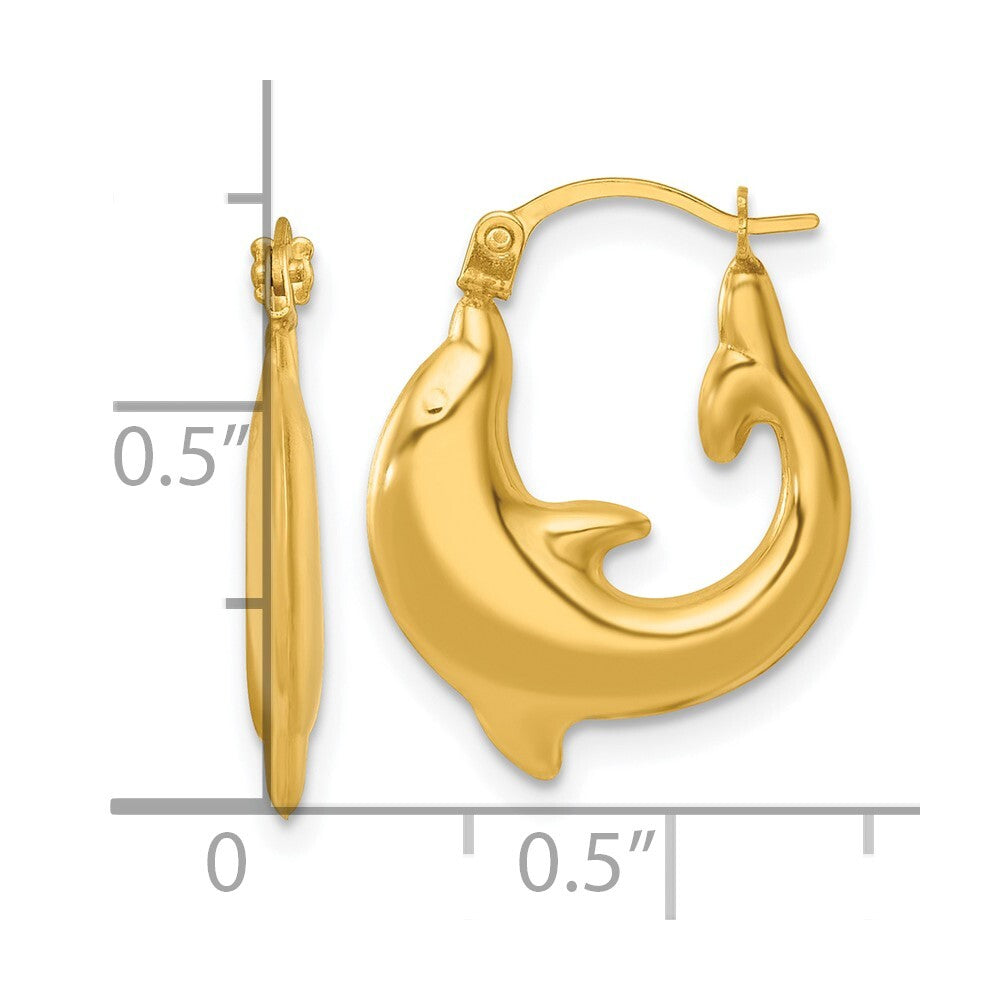 14k Yellow Gold Polished Dolphin Hoop Earrings Gift for Women