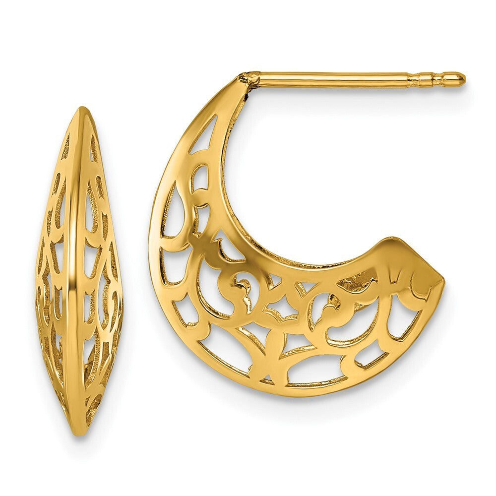 14k Yellow Gold Polished Fancy Cut Out Design J-Hoop Earrings Gift for Women