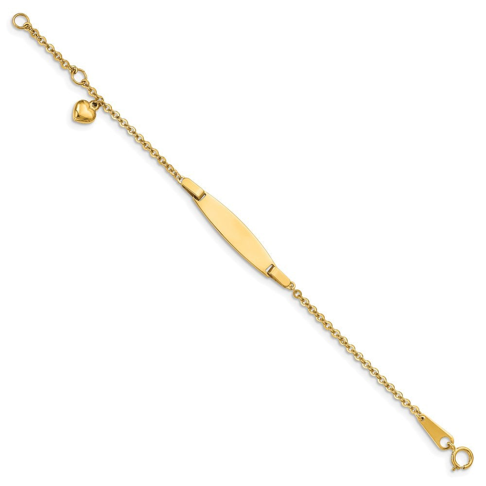 14k Yellow Gold  Solid Chain Heart Dangle 20x6mm Plate 5" ID Bracelet  1" Ext