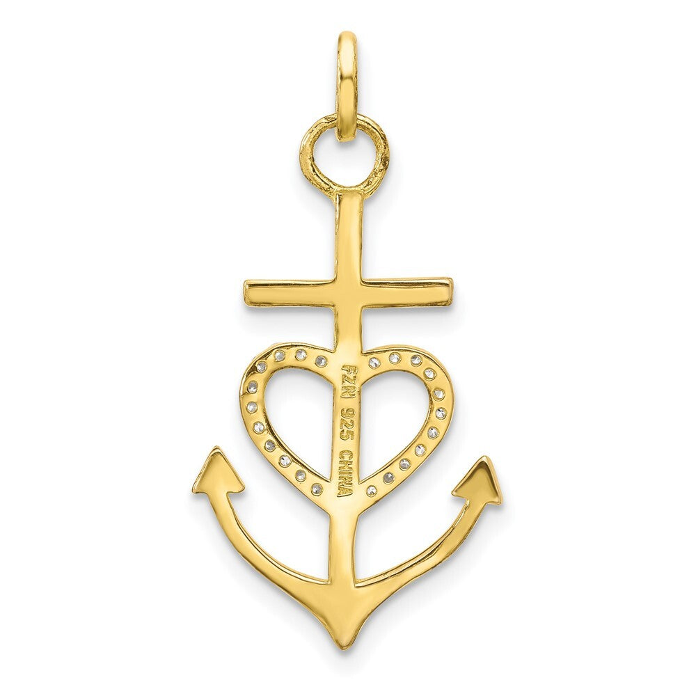 Sterling Silver Gold-tone Cross Cubic Zirconia Heart Anchor Pendant