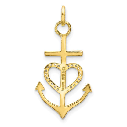 Sterling Silver Gold-tone Cross Cubic Zirconia Heart Anchor Pendant