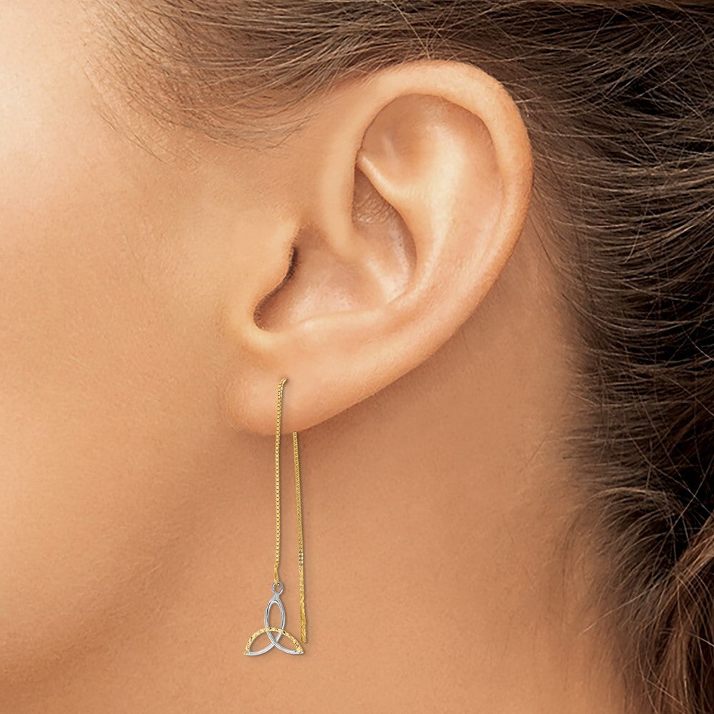 14k Yellow Gold Rhodium Diamond-cut Box Chain Celtic Knot Threader Earrings