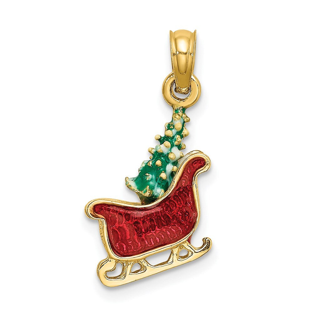 14k Yellow Gold 3-D Enamel Sleigh Christmas Tree Charm Pendant for Women