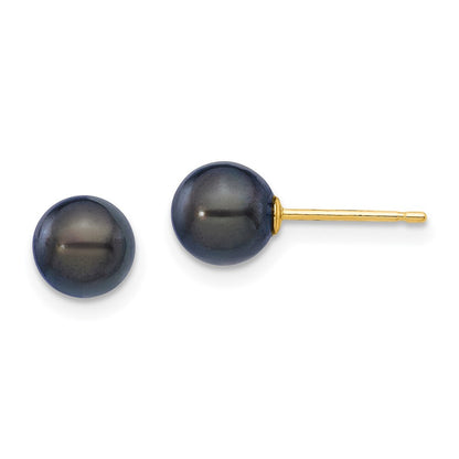 14k Yellow Gold 6-7mm Black Round Akoya Saltwater Cultured Pearl Stud Earrings