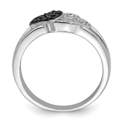 Sterling Silver Rhodium Clear & Black Cubic Zirconia Hearts Ring Size 7