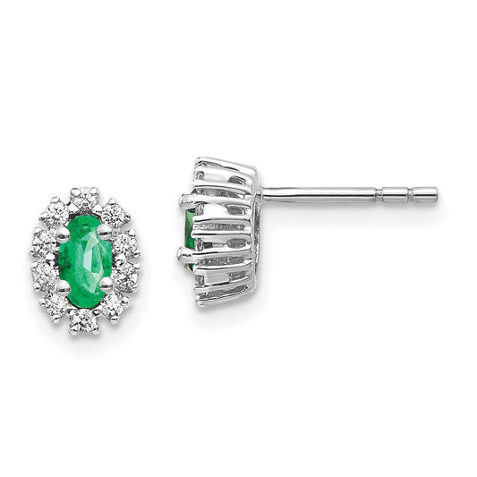 14k White Gold 1/5Ct Diamond and Emerald Oval Halo Stud Earrings