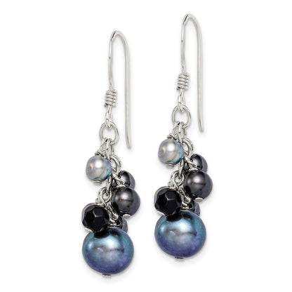 Sterling Silver Polished Black & Grey Cultured Pearls & Onyx Dangle Earrings