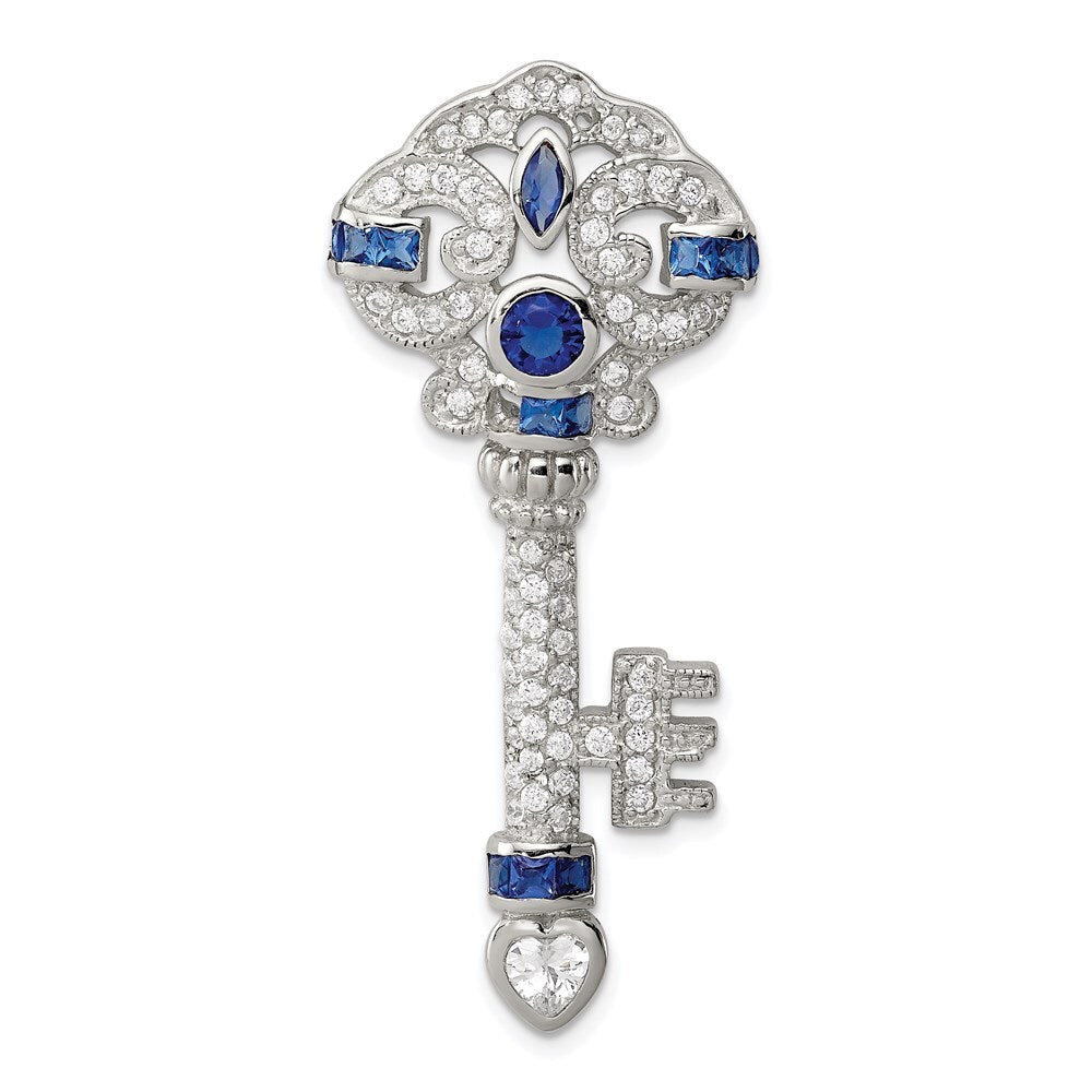 Sterling Silver Rhodium-plated Blue and Clear Cubic Zirconia Key Slide