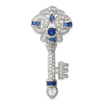 Sterling Silver Rhodium-plated Blue and Clear Cubic Zirconia Key Slide