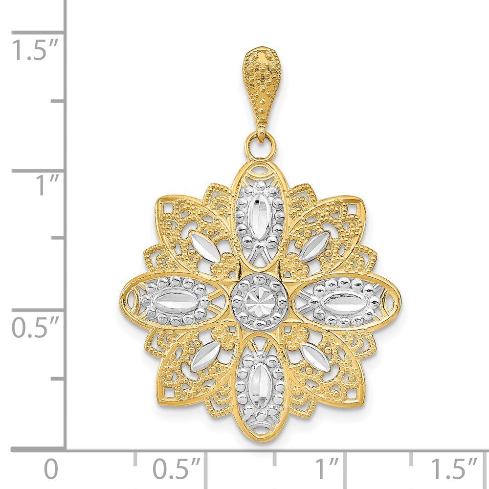 14k Yellow Gold Rhodium Diamond-Cut and Filigree Flower Charm Pendant for Women
