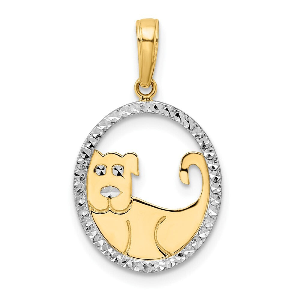 14k Yellow Gold and White Rhodium Diamond-cut Dog in Oval Pendant for Women
