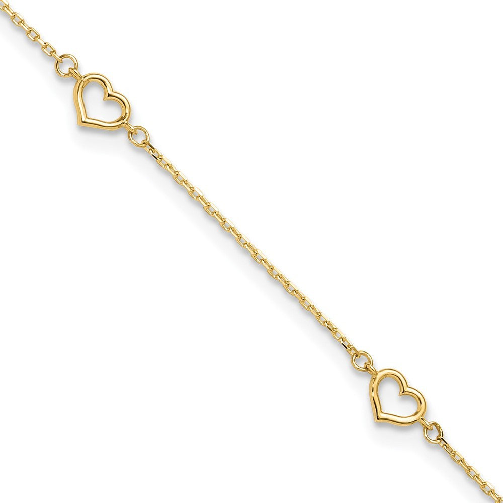 14k Yellow Gold Open Heart and Chain 5-Station 10" Anklet