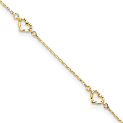 14k Yellow Gold Open Heart and Chain 5-Station 10" Anklet