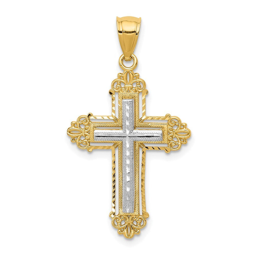 14k Two-tone Gold Fleur De Lis Cross Pendant for Women