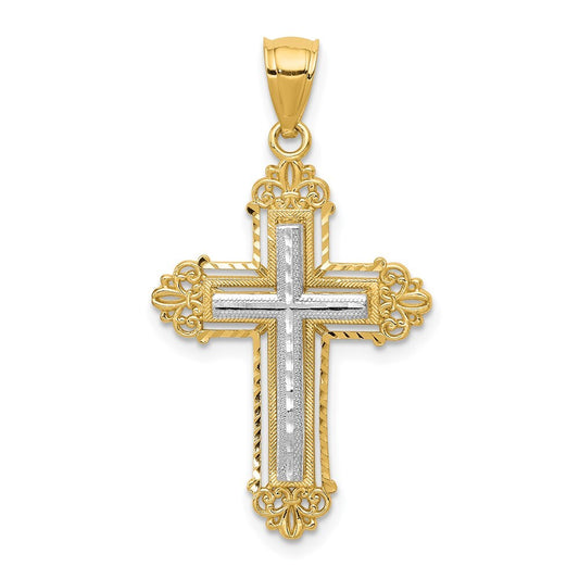 14k Two-tone Gold Fleur De Lis Cross Pendant for Women