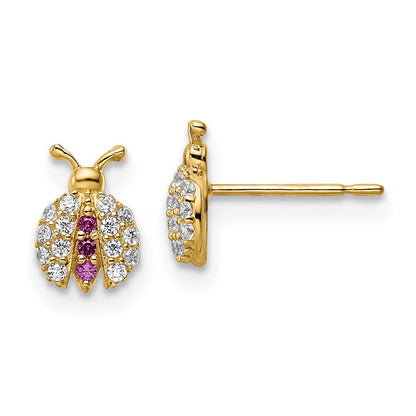 14k Yellow Gold Clear & Red Cubic Zirconia Lady Bug Stud Earrings